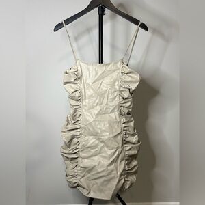 Zara Cream Ruched Faux Leather Mini Dress with Spaghetti Straps